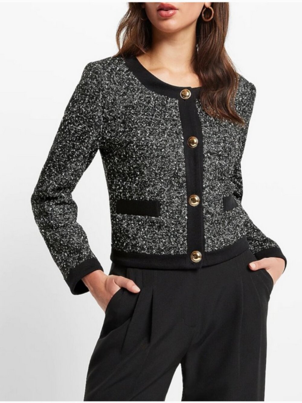 NWOT Express speckled tweed blazer, cropped, black & white, small